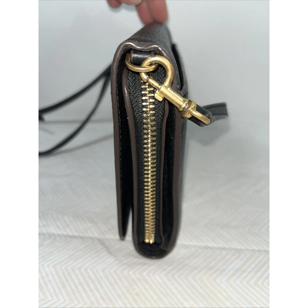 Tory Burch McGraw Flat Pebbled Leather Wallet‎ Crossbody Black Clutch Bag Gold